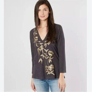Lucky Brand Boho Metallic Gold Embroidered Floral Long Sleeve 100% Cotton Small